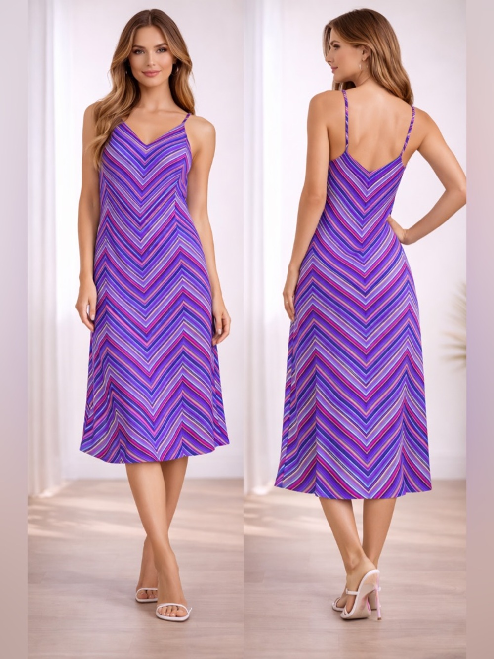 Laundry By Shelli Segal 100% Silk Slip Dress Chevron Stripe Purple Multicolor 8